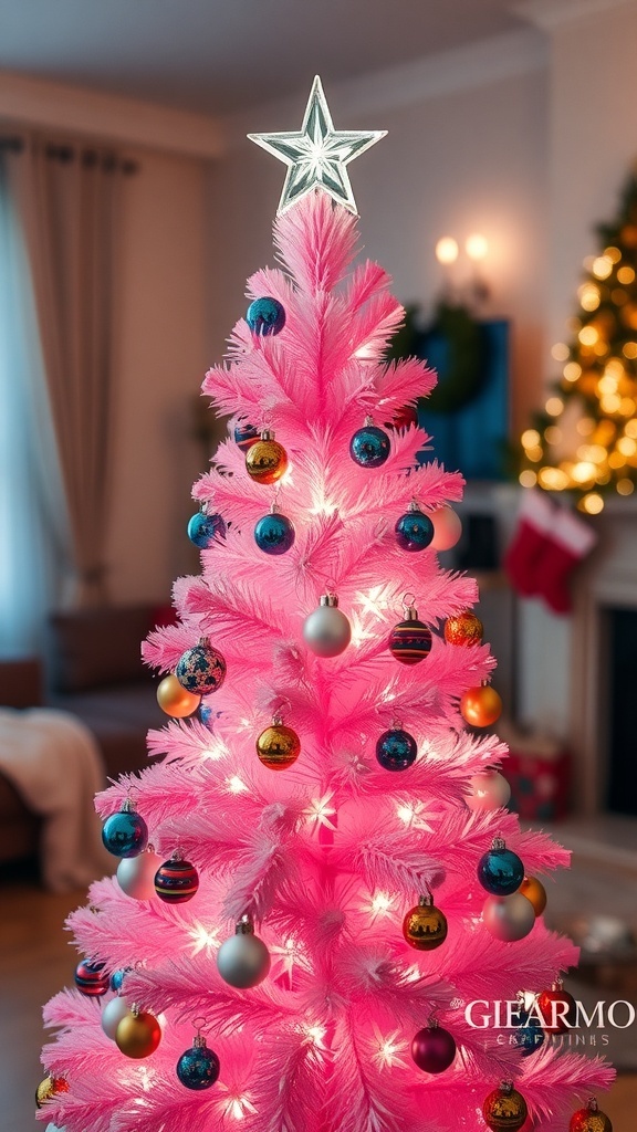 Pink Christmas Tree Close-Up Decoration Guide Close-up of a pink Christmas tree decorated with lights and ornaments in a festive living room.